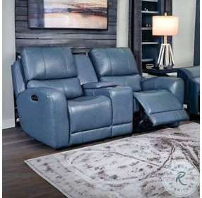 Bel Air Persian Blue Leather 76" Lay Flat Power Reclining Console Loveseat with Power Headrest and USB Charging