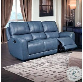 Bel Air Persian Blue Leather 85" Lay Flat Power Reclining Sofa with Power Headrest and USB Charging