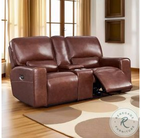 Broadway Brown Leather 79" Lay Flat Power Reclining Console Loveseat with Power Headrest and USB Charging
