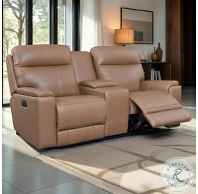 Bryant Tuscan Tan Leather 76" Lay Flat Power Reclining Console Loveseat with Power Headrest and USB Charging