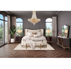 Camellia Field Warm Pecan and Linen Queen Upholstered Panel Bed with USB Charging
