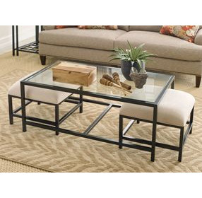 Mackintosh Black Rectangular Glass Top Nesting Cocktail Table with Ottomans