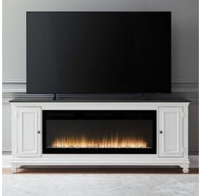FIRE-BOX-417-80FTS Wirebrushed White and Charcoal 80" TV Stand with Fireplace