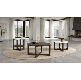 Vellara Dark Walnut and White Round Quartz Stone Top Occasional Table Set