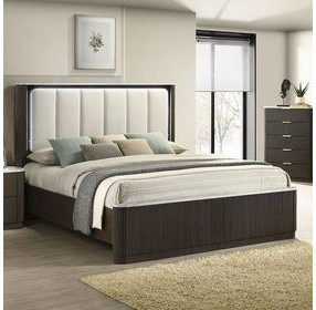 Merthyr Dark Walnut King Upholstered Panel Bed with LED