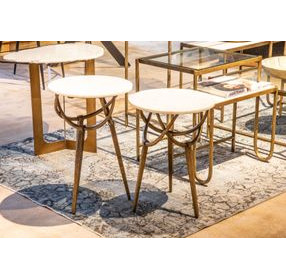 Odessa Antique Brass and White Round Marble Top Side Table Set of 2