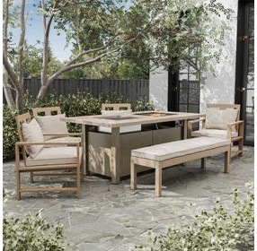 Bordeaux Brown 71" Rectangular Outdoor Patio Dining Table with Fire Pit and Cooler