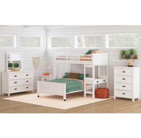Brooklyn White Twin Over Full Storage Loft Bed with Ladder and Integrated Speaker Desk