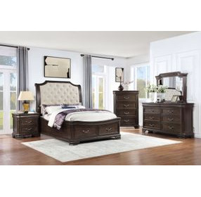 Lyndhurst Walnut and Beige Queen Upholstered Storage Sleigh Bed