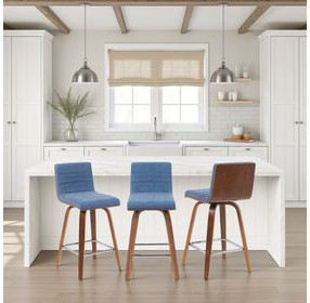 Vienna Walnut and Vintage Blue Upholstered Swivel Counter Height Stool