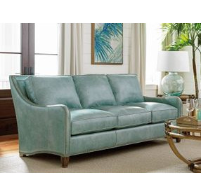 Twin Palms Koko Green Leather 85" Sofa with Nailhead Trim