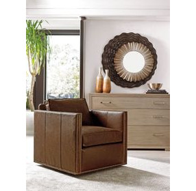 Hinsdale Shadow Play Brown Leather Upholstered Swivel Chair with Nailhead Trim