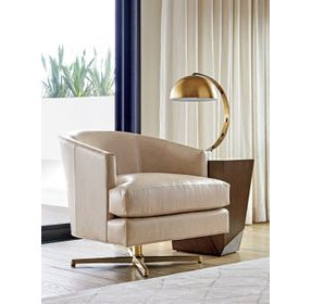 Graves Beige and Brass Leather Upholstered Swivel Chair