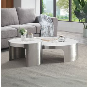 Abilene White and Brushed Silver Round Nesting Coffee Table Set