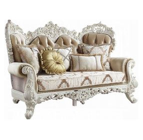 Vanaheim Beige and Gold 78" Loveseat with Pillow and Nailhead Trim