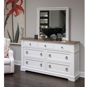 Kingston Whisper White and Cerused Nutmeg 7 Drawer Dresser with Rectangular Mirror