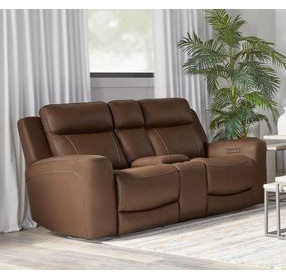 Calgary Autumn Umber Leather 81" Power Reclining Console Loveseat