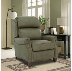 Meade Oasis Olive Leather Push Thru The Arms Lounge Recliner with Nailhead Trim