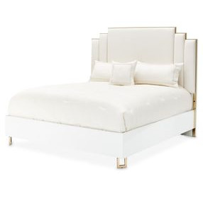 Palm Gate Cloud White and Cream California King Upholstered Panel Bed with USB Charging