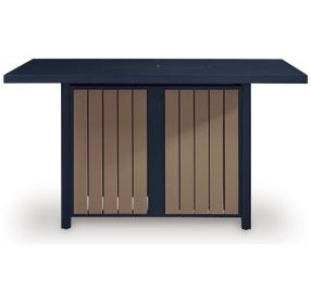 Mabry Shores Navy Blue and Driftwood 70" Rectangular Outdoor Bar Dining Room Set with Fire Pit