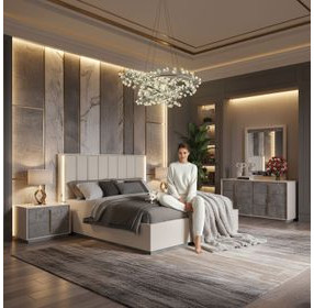 Pavira Stone and Taupe Queen Upholstered Platform Bed with LED