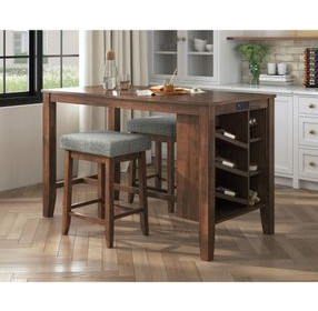 Veronica Walnut and Dark Gray Upholstered 3 Piece Kitchen Island Set with USB Charging