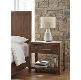 Driftwood Worn Saddle and Beige 1 Drawer Stone Top Open Nightstand