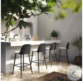 Alexa Black Rattan Performance Fabric Outdoor Barstool