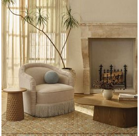 Pamela Tan Performance Fabric Upholstered Swivel Tassel Lounge Chair