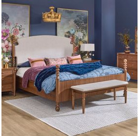 Azalea Oatmeal and Walnut Performance Fabric King Upholstered Panel Bed