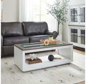 Melody Distressed White and Gray Rectangular Glass Top Coffee Table with Casters