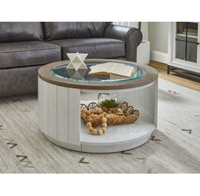 Melody Distressed White and Gray Round Glass Top Occasional Table Set with Casters