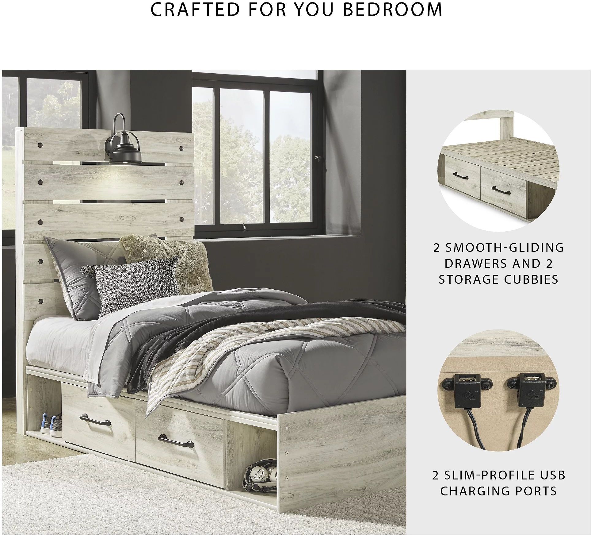 Cambeck Whitewash Twin Panel Bed with One Side Storage From Home