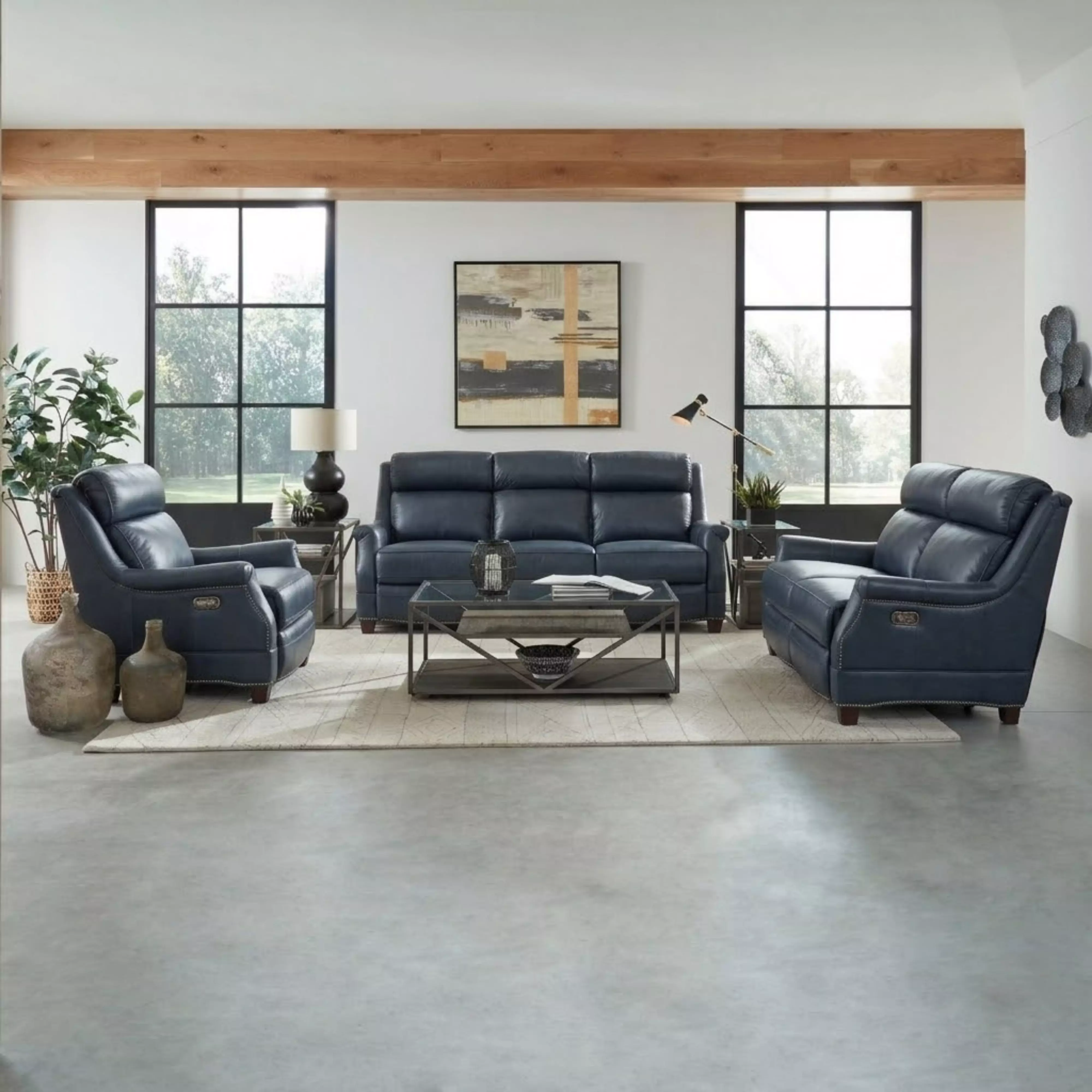 Warrendale Shoreham Blue Leather Power Reclining Living Room Set