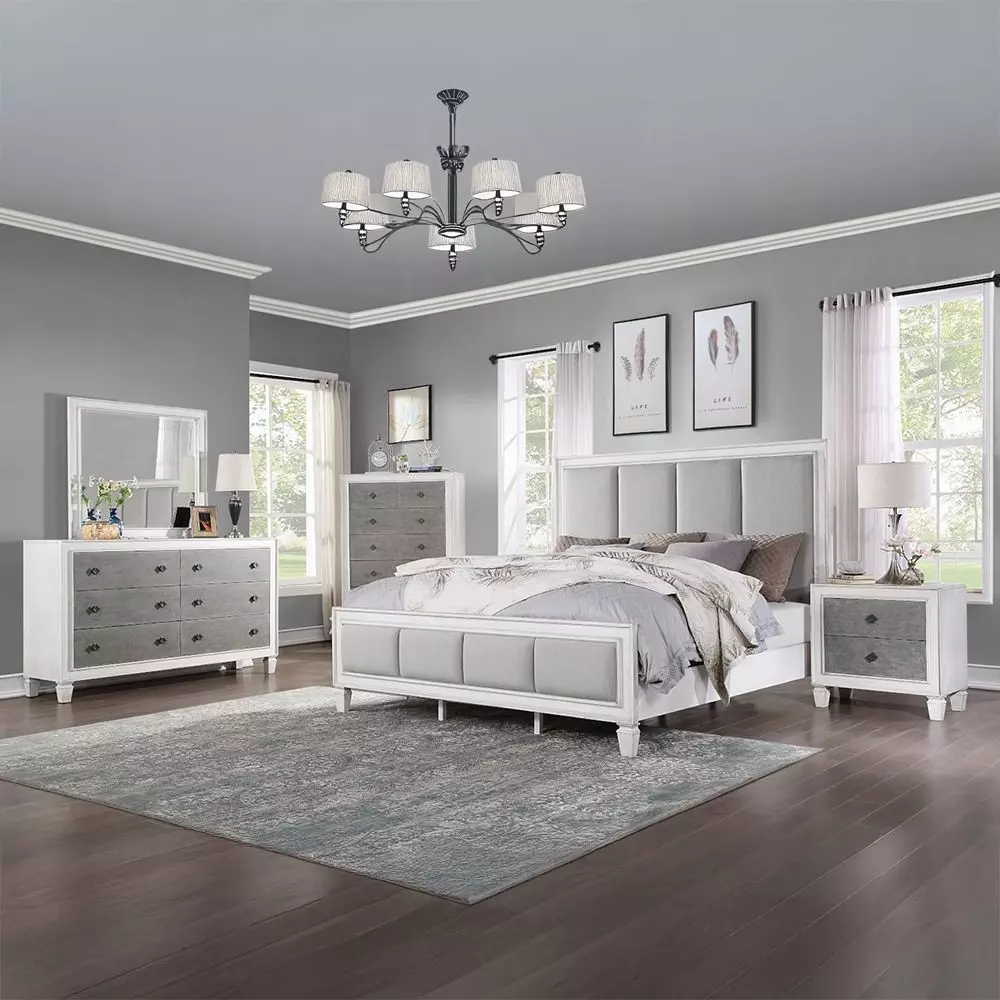 Katia Light Gray and Weathered White Upholstered Panel Bedroom Set