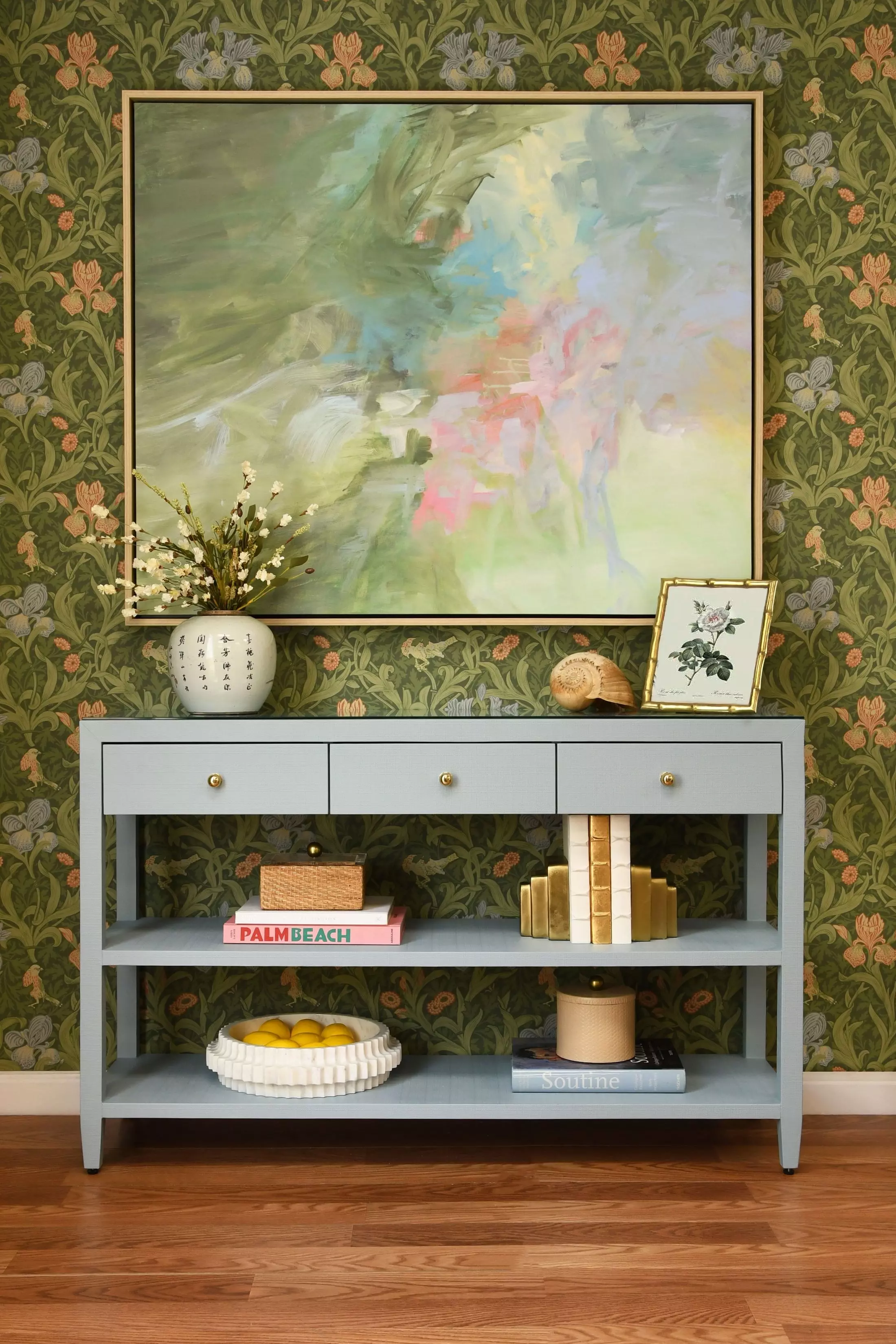 Briar Textured Light Blue Linen Soft Close 3 Drawer Sofa Table