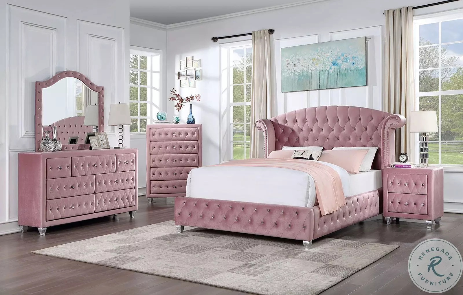 pink bedroom dresser set Zohar Pink Queen Upholstered Panel Bed, Glam Beds from Furniture of America