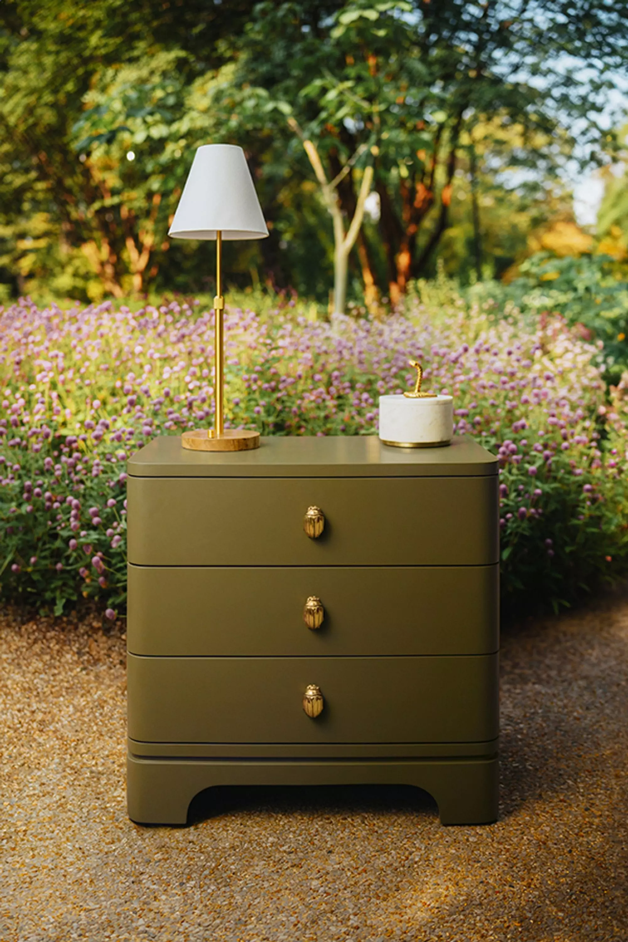 Fortune Matte Olive Green Lacquer Soft Close 3 Drawer Side Table