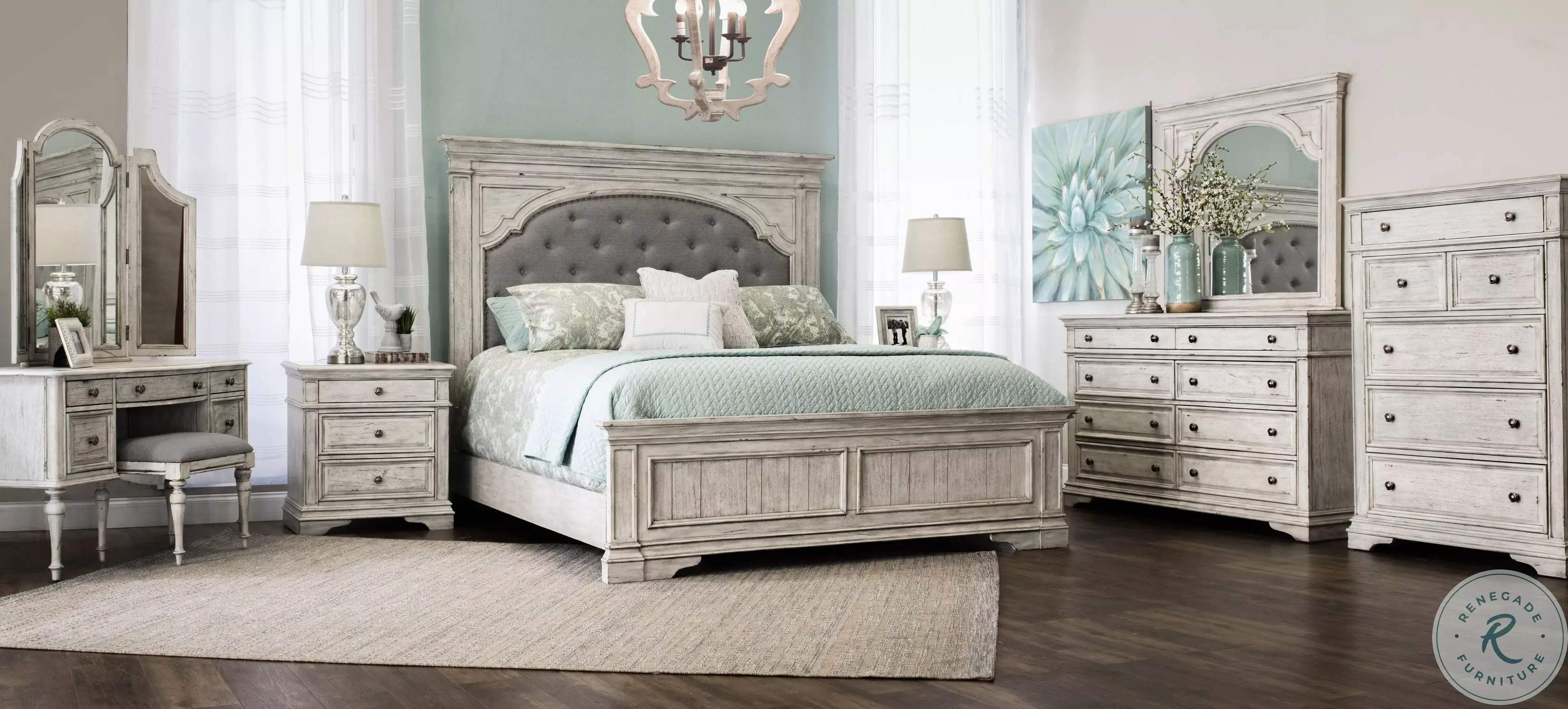 Highland Park Cathedral White Upholstered Panel Bedroom set From