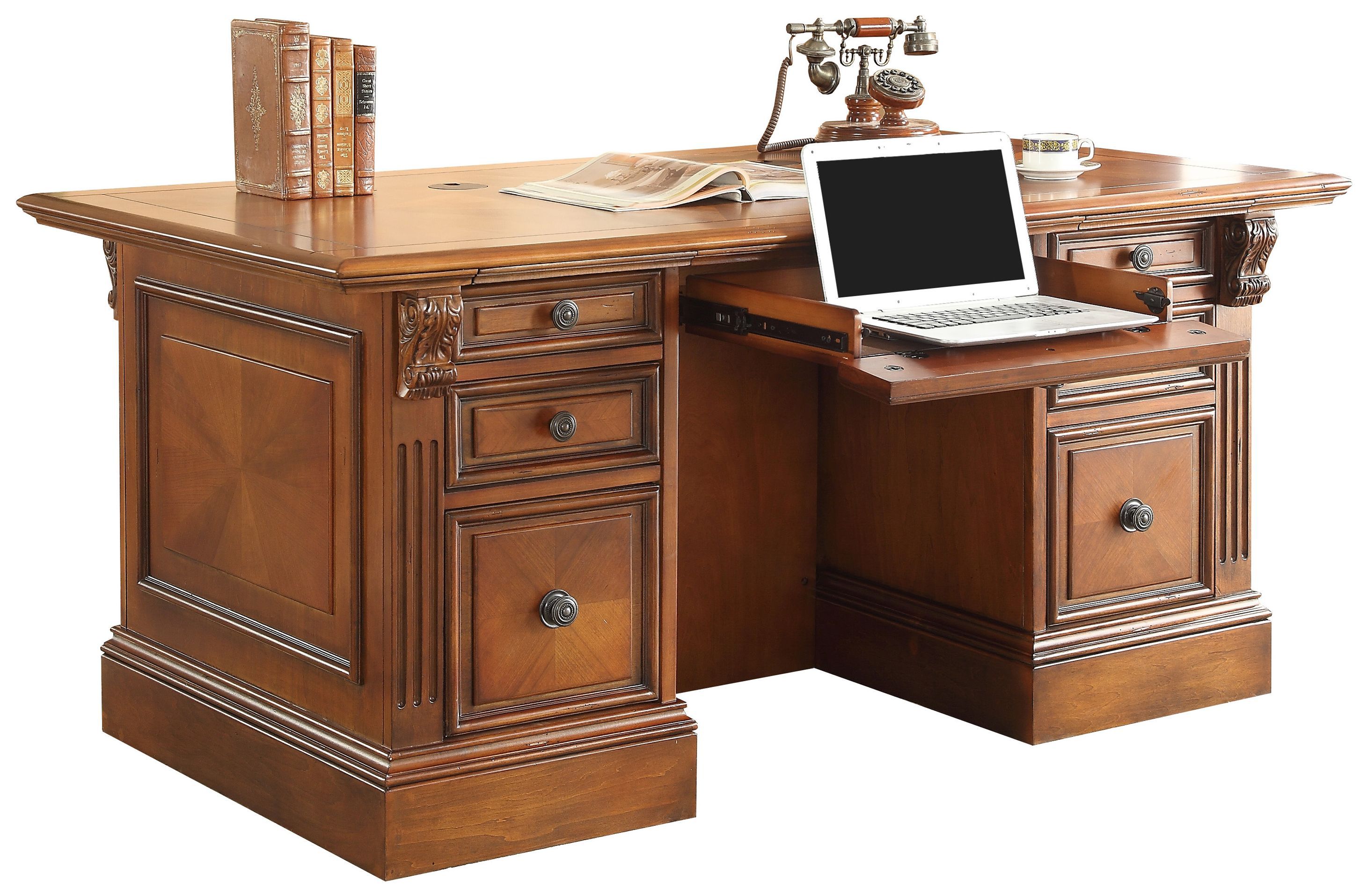 Huntington Antique Vintage Pecan Double Pedestal Executive Desk