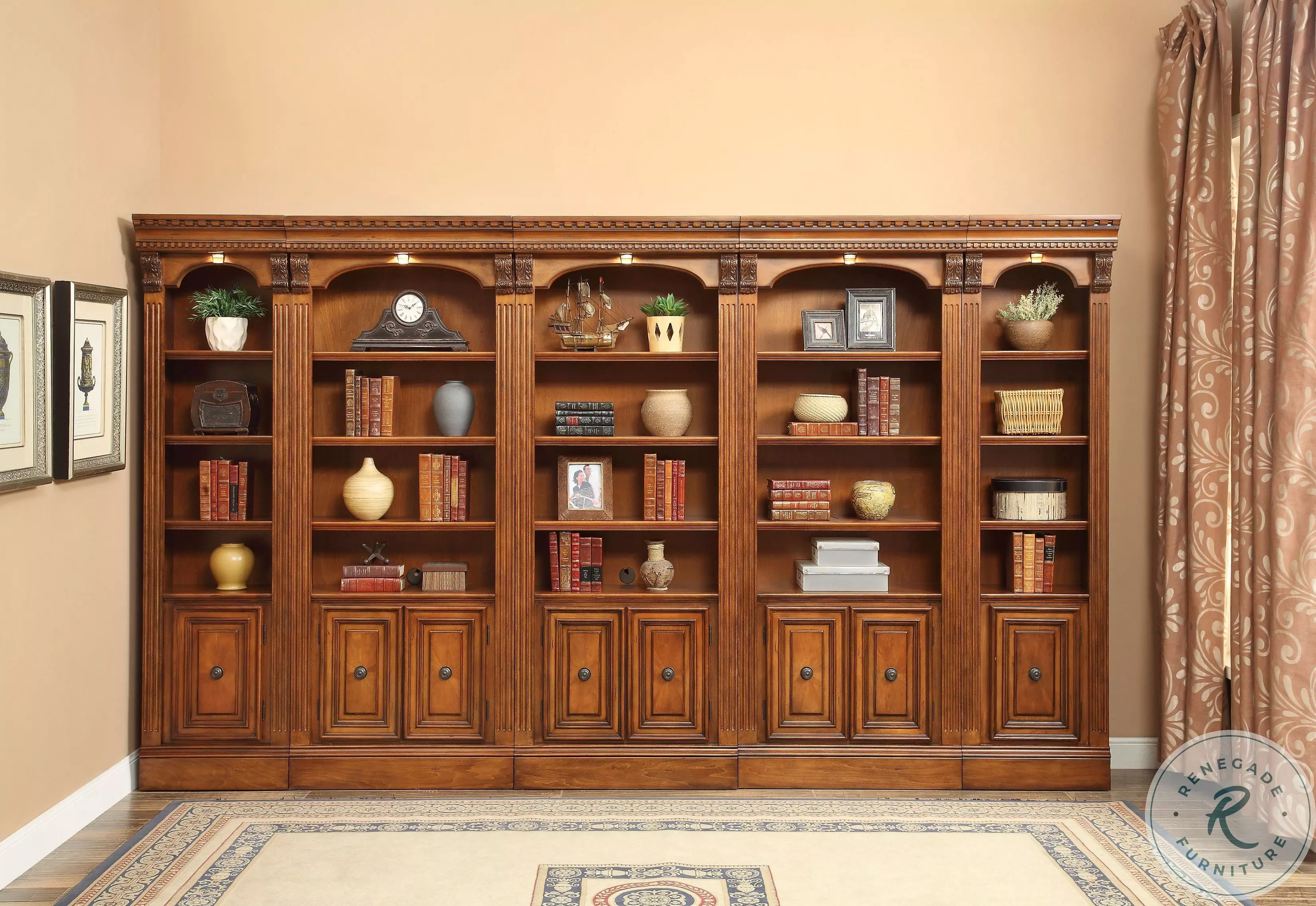 Huntington Antique Vintage Pecan 5 Piece Large Library Wall From