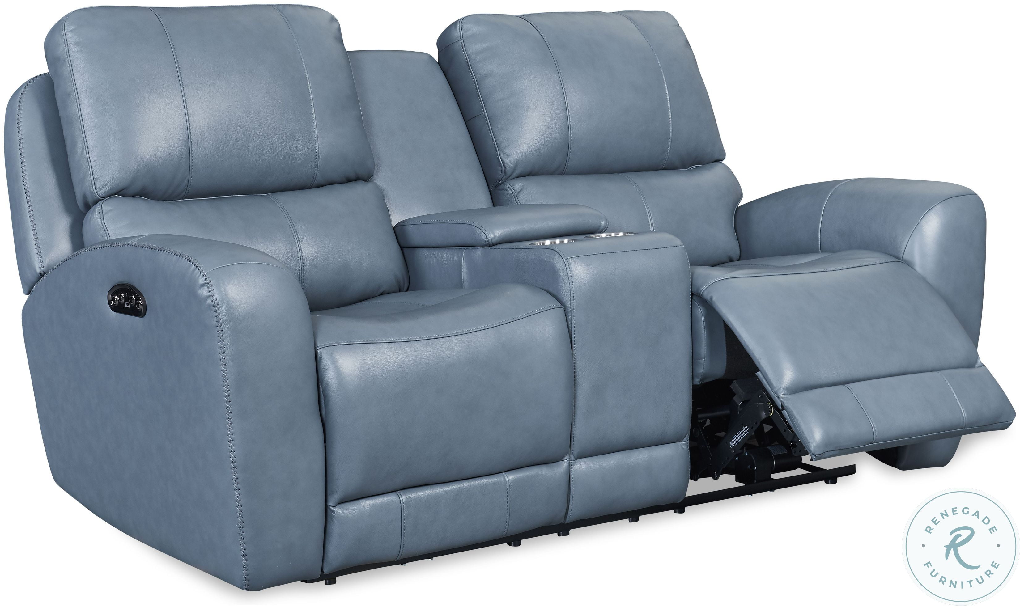 Cambria Blue Leather Bel Air Dual Power Reclining Console Loveseat