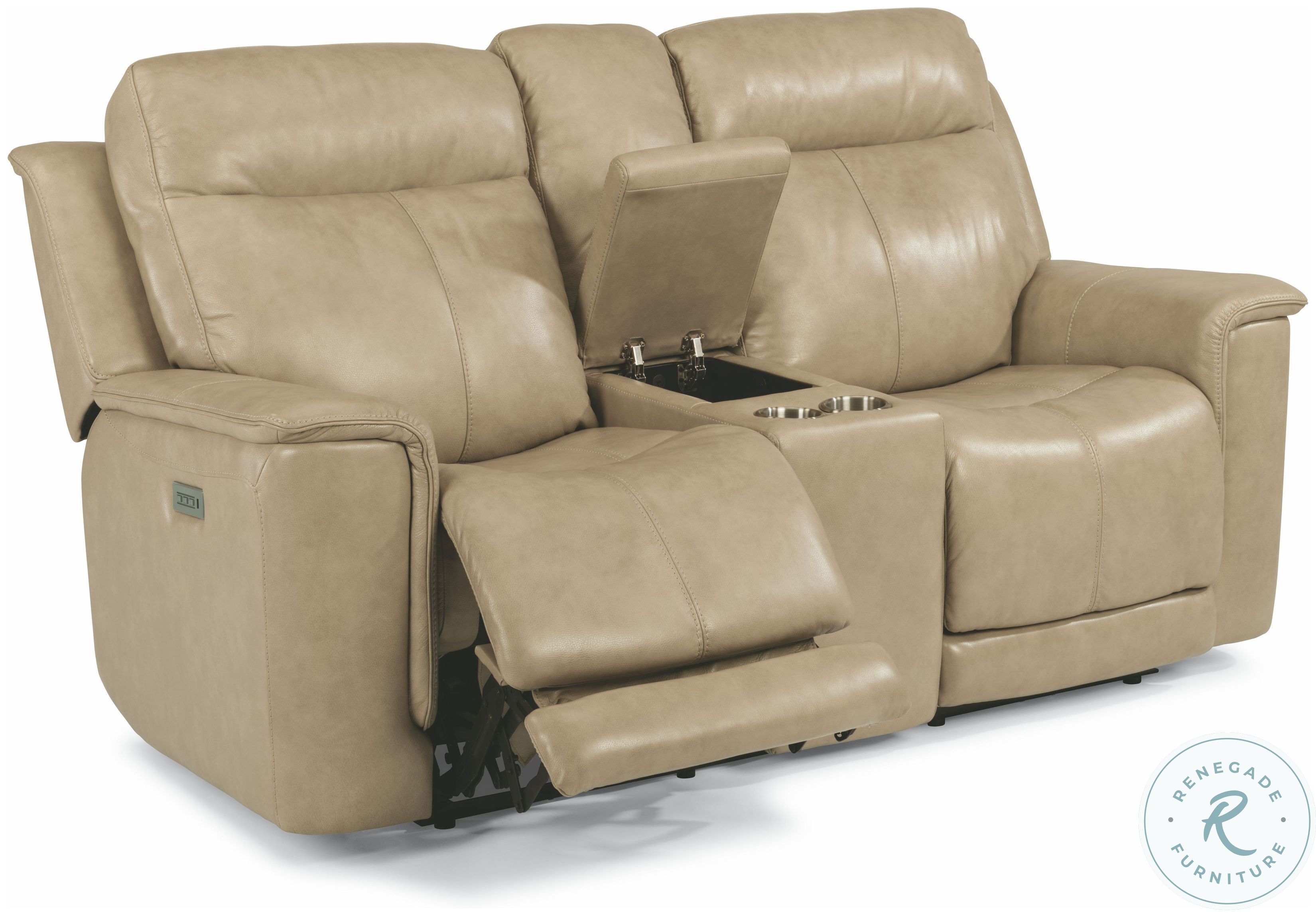 Miller Beige Leather Power Reclining Console Loveseat with Power