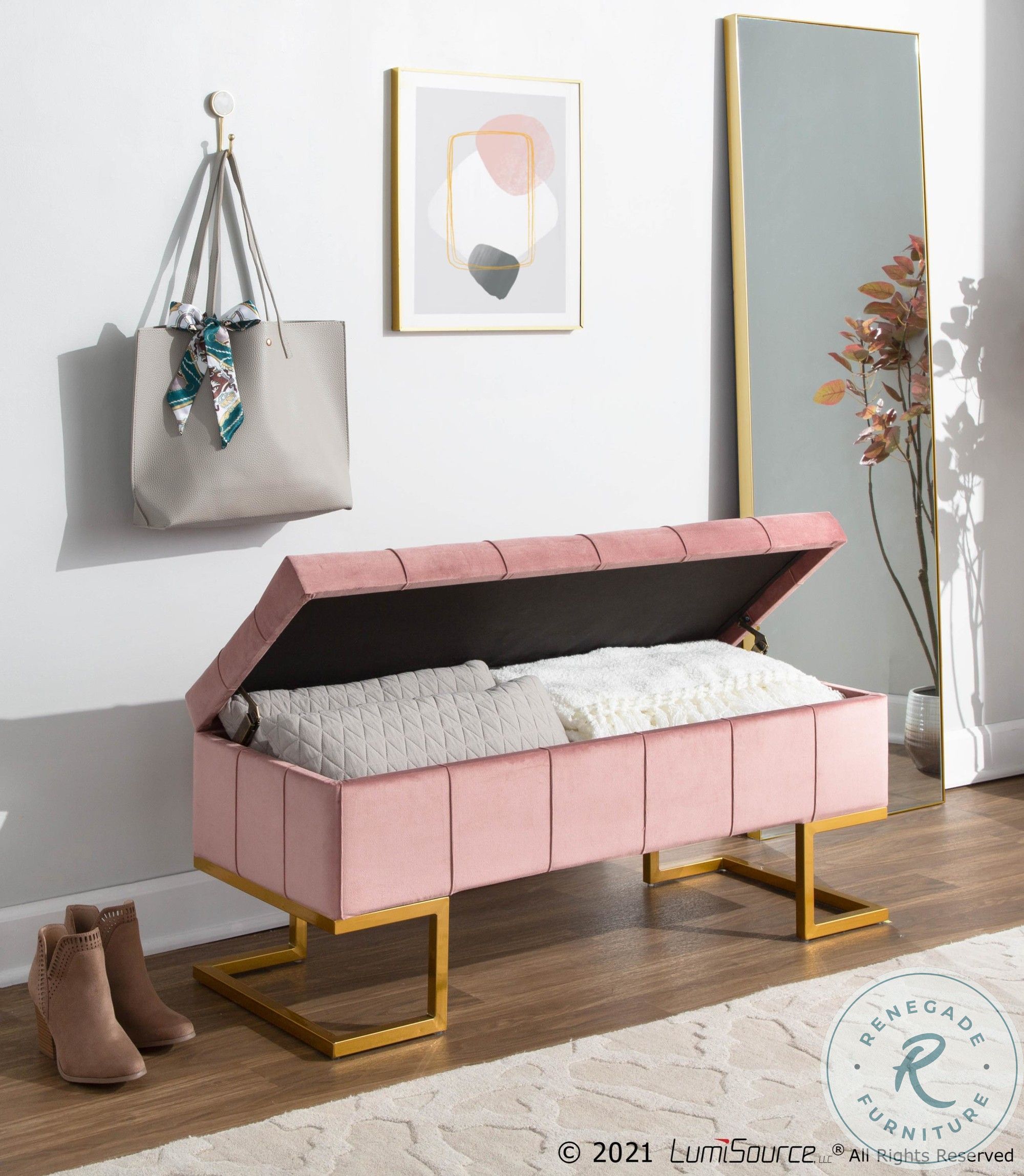 Midas Pink Velvet Storage Bench OTMIDASTORAUVPK