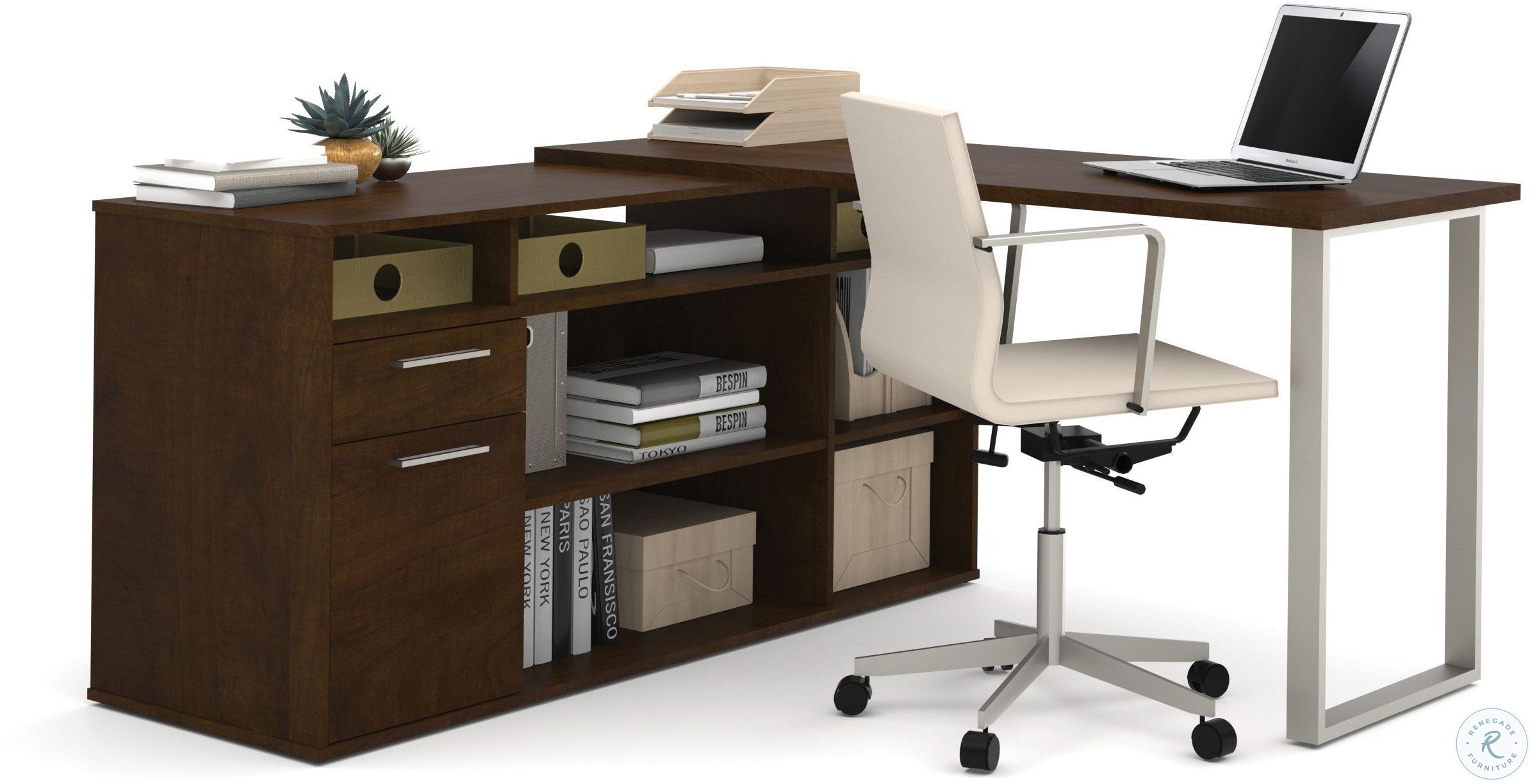 Solay Chocolate L Shaped Desk with Lateral File and Bookcase