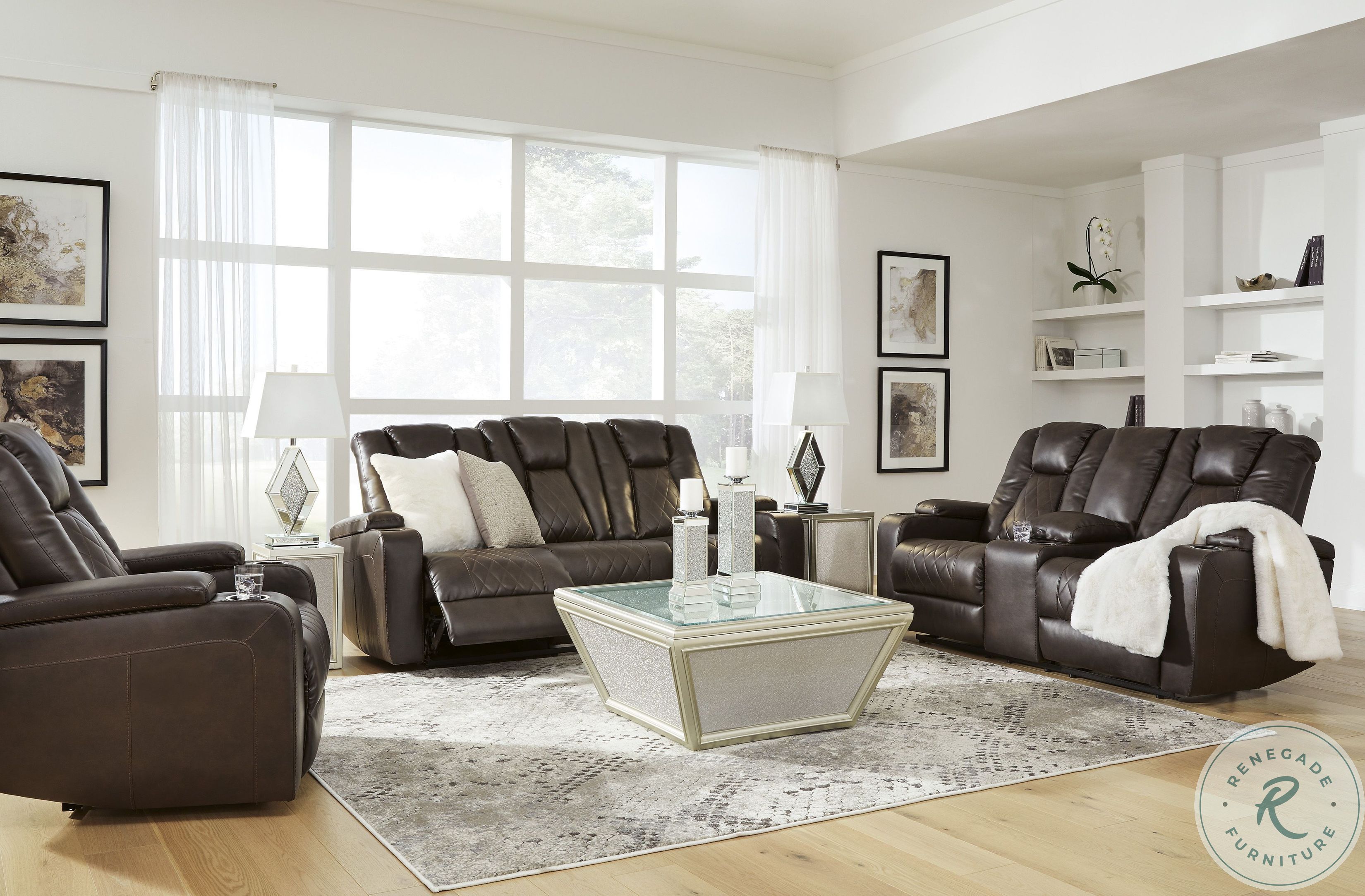 Mancin Chocolate Reclining Living Room Set with Drop Down Table from