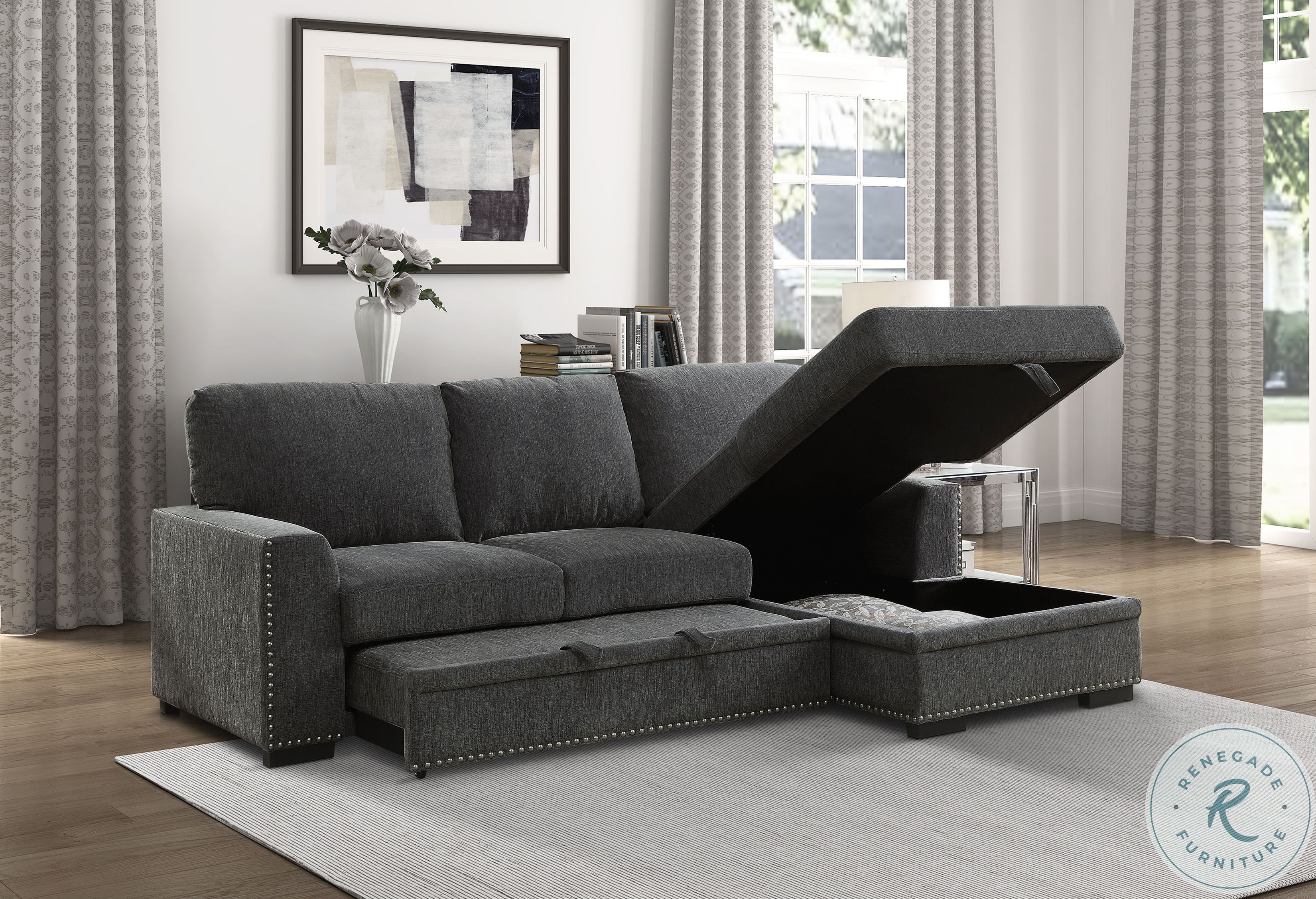 Morelia Charcoal 2 Piece RAF Sectional with Pull out Bed and Hidden