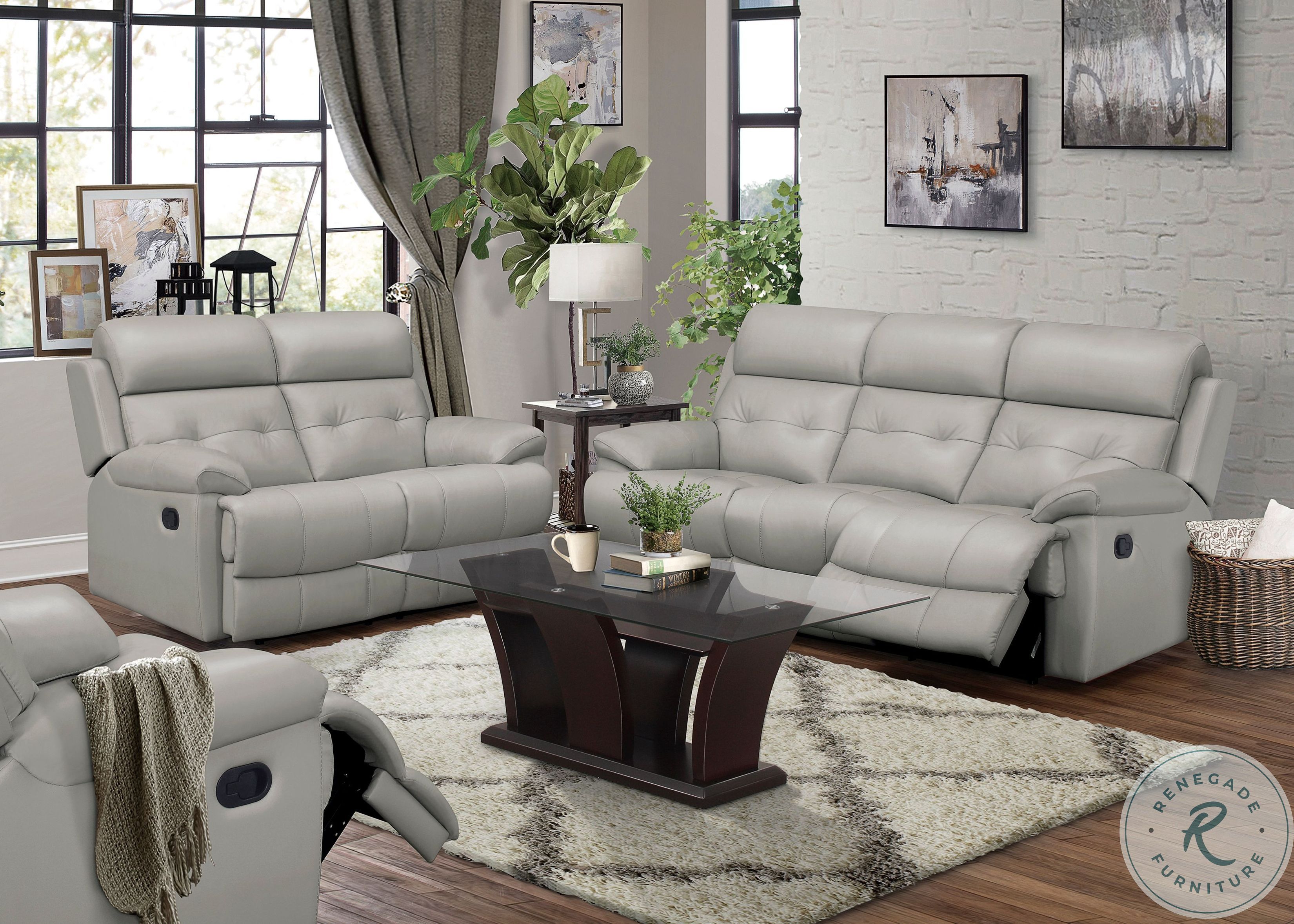 Lambent Silver Gray Leather Double Reclining Living Room Set
