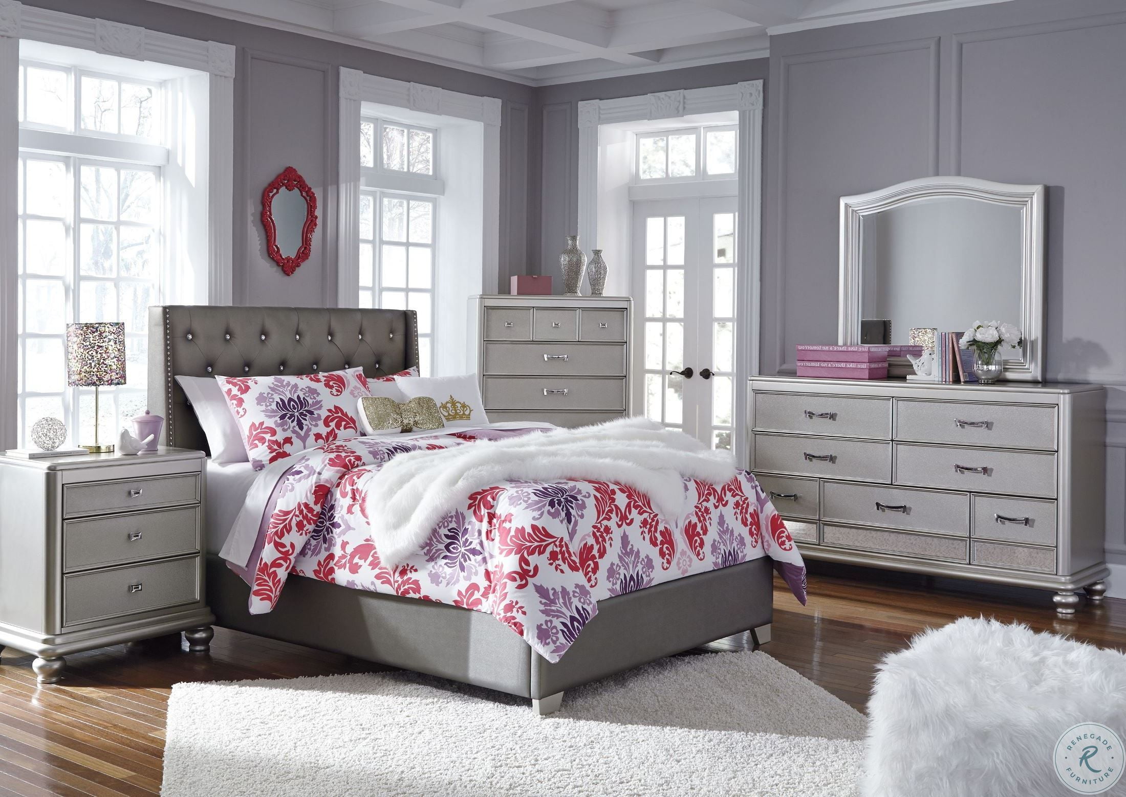 Coralayne Gray Textured Upholstered Youth Panel Bedroom Set
