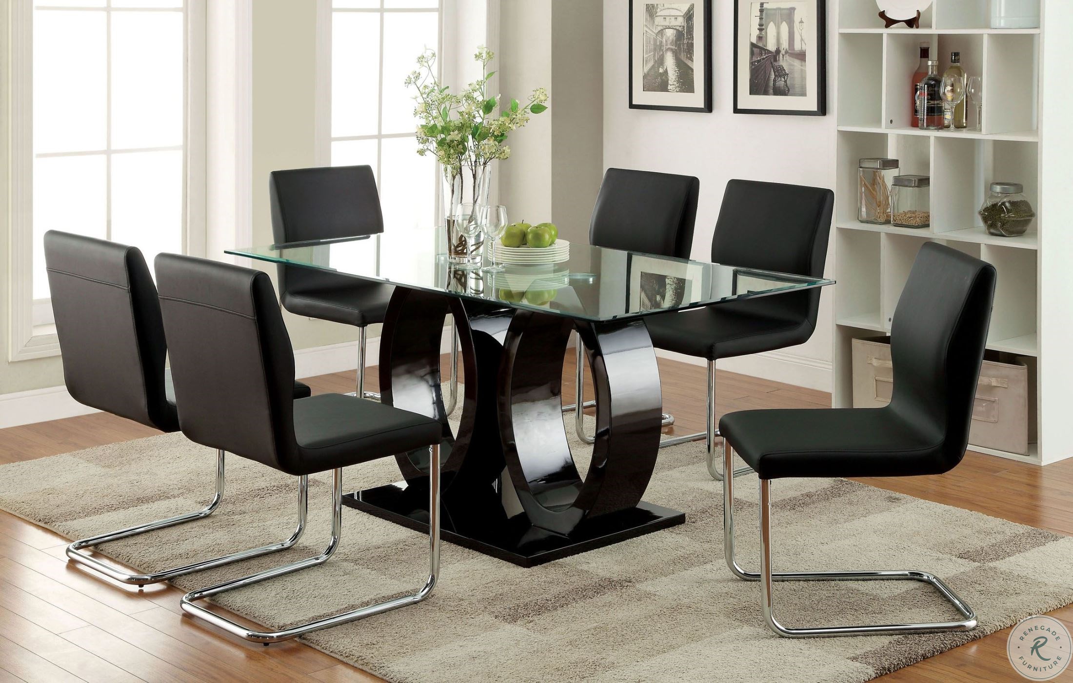 Lodia I Black Glass Top Rectangular Pedestal Dining Table